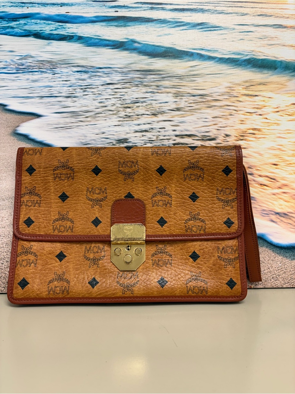 Vintage MCM Cognac Visetos Monogram Clutch Wallet Organizer Wristlet Pouch